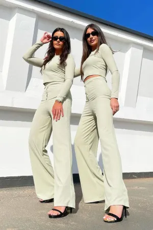 Sage Ribbed Button Front Top   Trouser Co-ord - Emani