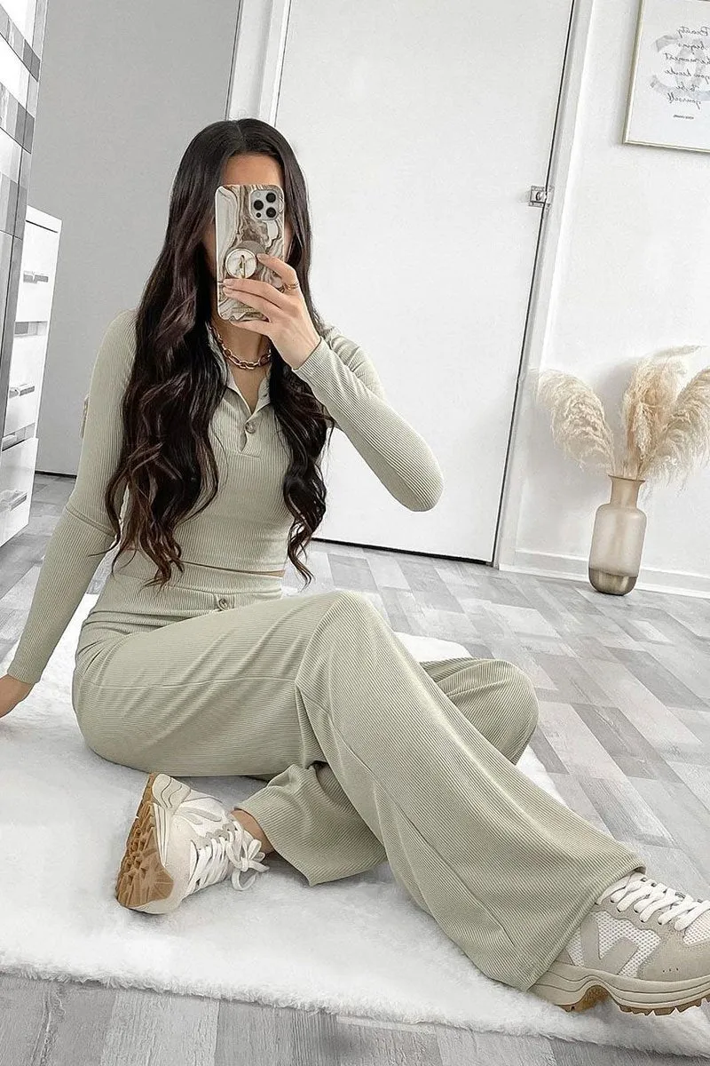 Sage Ribbed Button Front Top   Trouser Co-ord - Emani