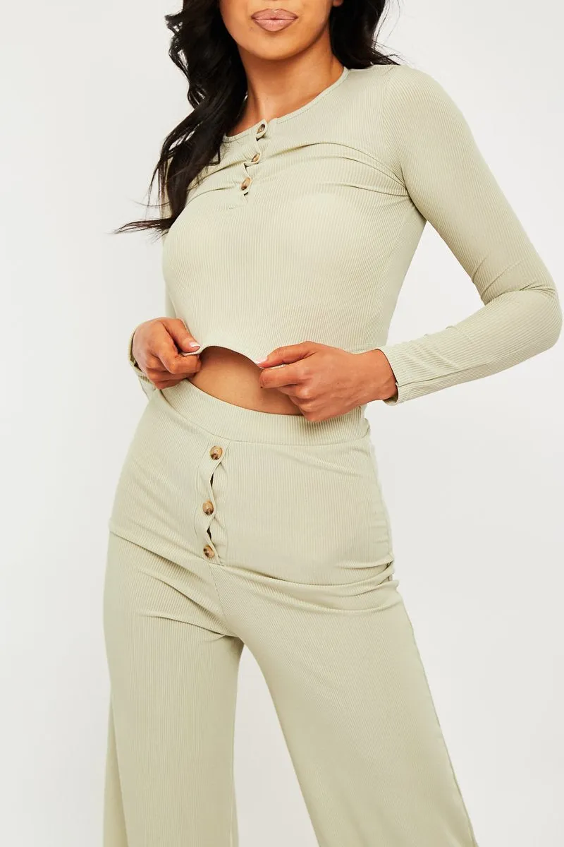 Sage Ribbed Button Front Top   Trouser Co-ord - Emani