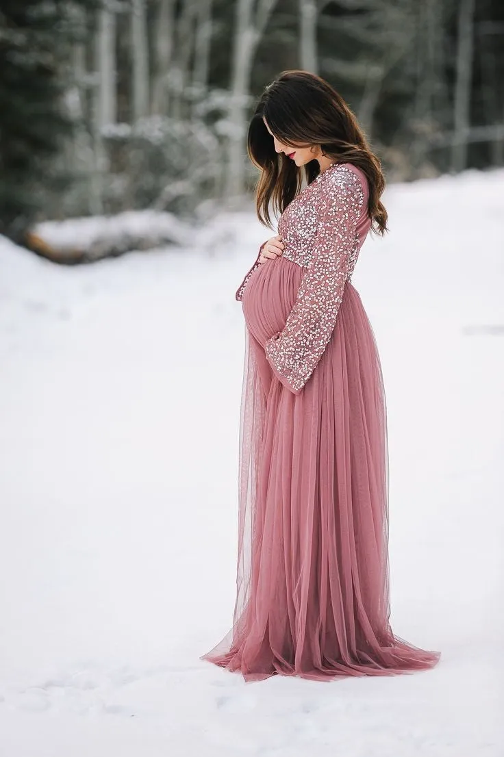 Sequin Long Sleeves Maternity Dress for Photography