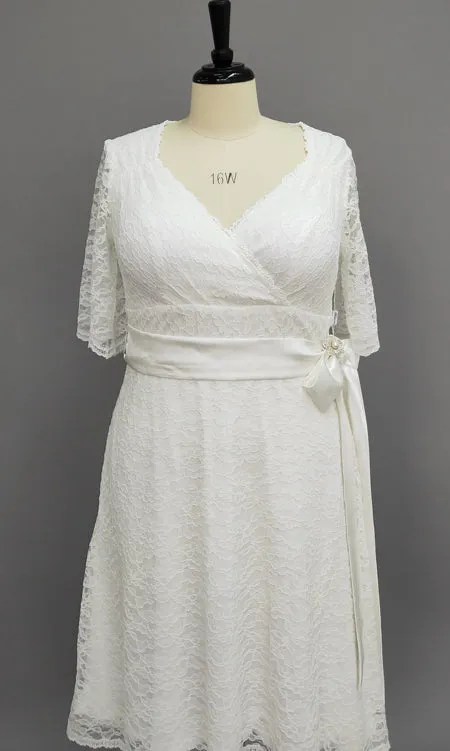 Short Sleeve Scalloped-Edge V-neck Knee-length Lace Dress With Satin Sash-HT_708571
