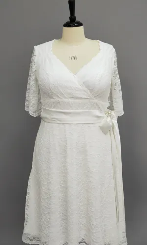 Short Sleeve Scalloped-Edge V-neck Knee-length Lace Dress With Satin Sash-HT_708571