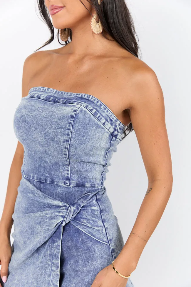 So You Say Strapless Denim Wrap Style Romper