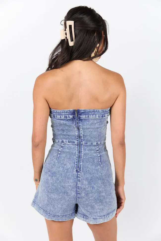 So You Say Strapless Denim Wrap Style Romper