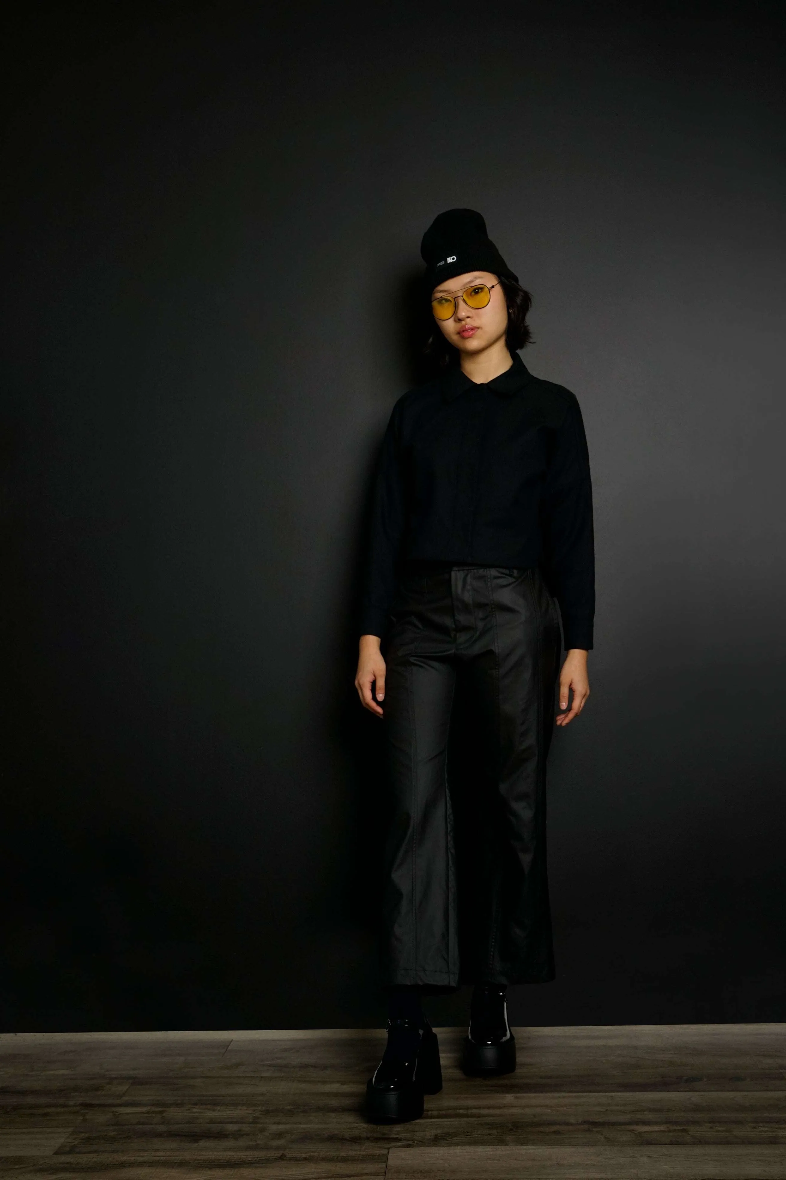 Soledad Black Cropped Cotton Flannel Button-Down Shirt