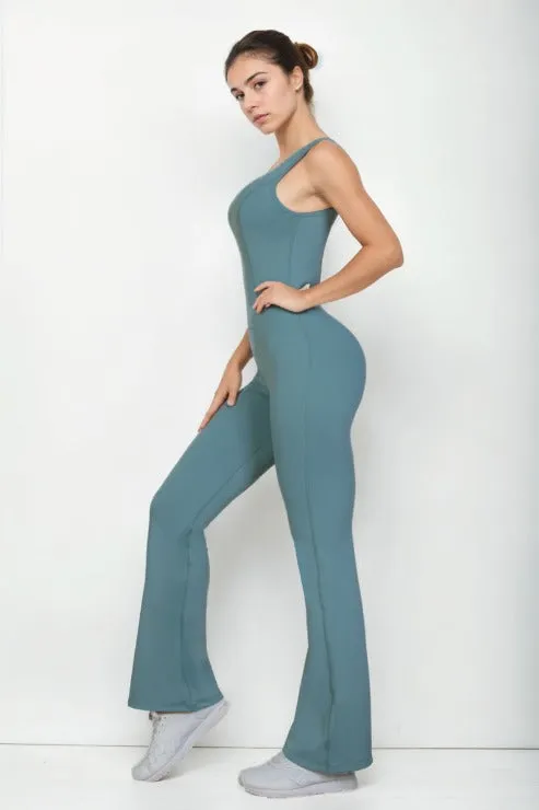 Solid Flare Leg Sports Jumpsuit