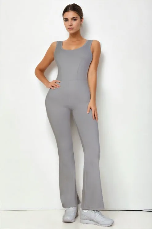 Solid Flare Leg Sports Jumpsuit