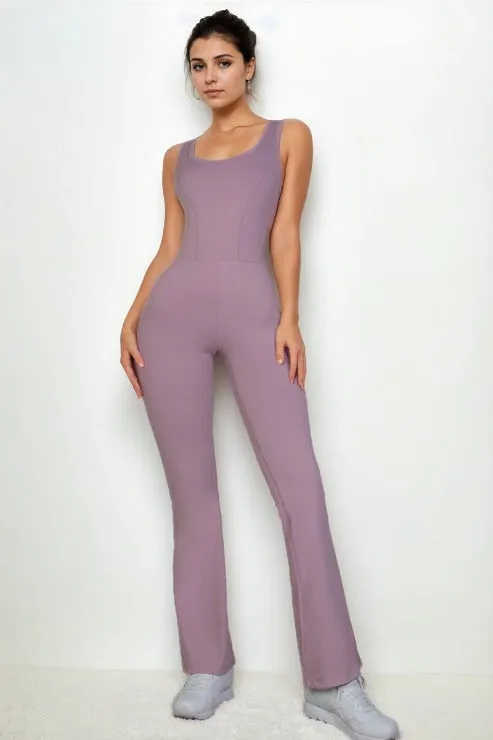 Solid Flare Leg Sports Jumpsuit