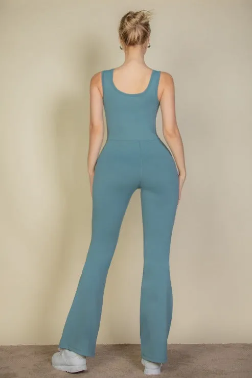 Solid Flare Leg Sports Jumpsuit