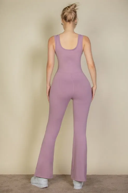 Solid Flare Leg Sports Jumpsuit