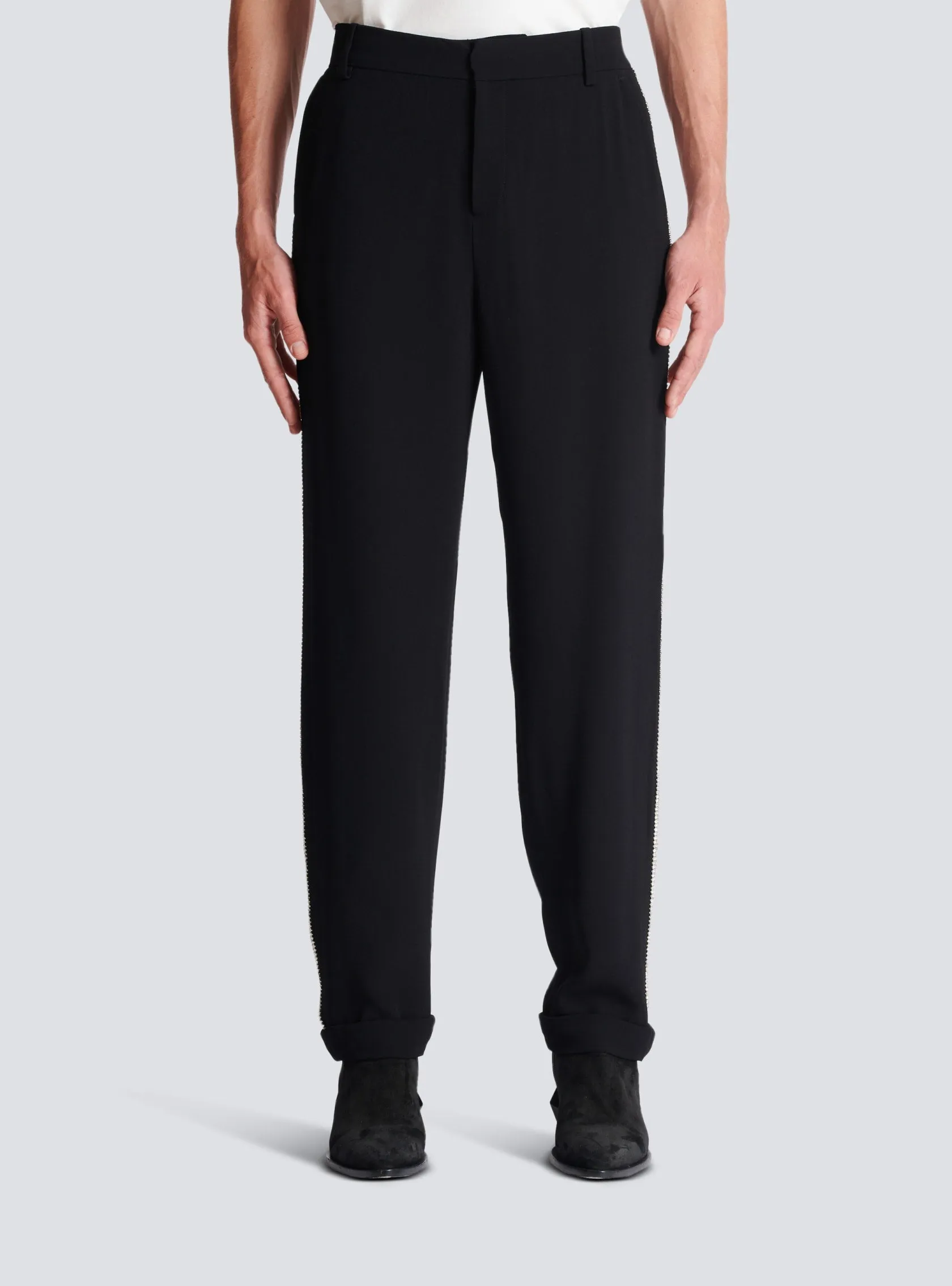 Straight-leg crystal-embroidered trousers