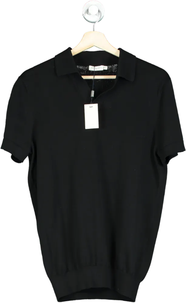 SuitSupply Black Californian Cotton & Mulberry Silk Buttonless Knit Polo Top UK M
