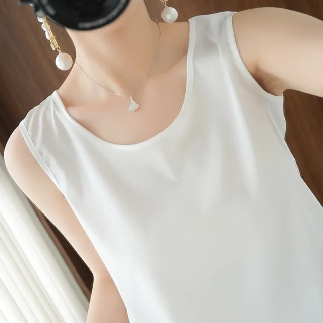 Summer Shiny O Neck Women Satin Silk Harajuku T Shirt Sleeveless Fashion Real Silk Woman Tops Casual Female Luxury Sexy