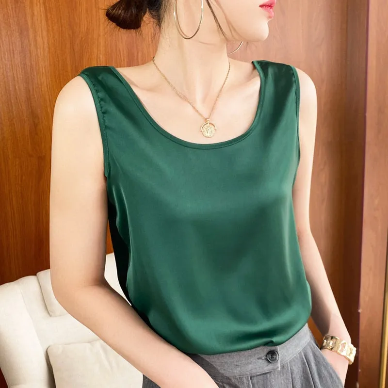 Summer Shiny O Neck Women Satin Silk Harajuku T Shirt Sleeveless Fashion Real Silk Woman Tops Casual Female Luxury Sexy