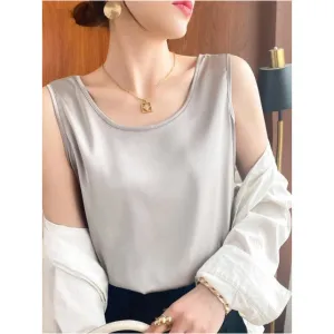 Summer Shiny O Neck Women Satin Silk Harajuku T Shirt Sleeveless Fashion Real Silk Woman Tops Casual Female Luxury Sexy