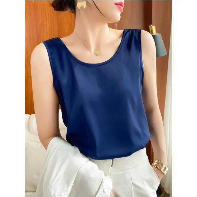 Summer Shiny O Neck Women Satin Silk Harajuku T Shirt Sleeveless Fashion Real Silk Woman Tops Casual Female Luxury Sexy