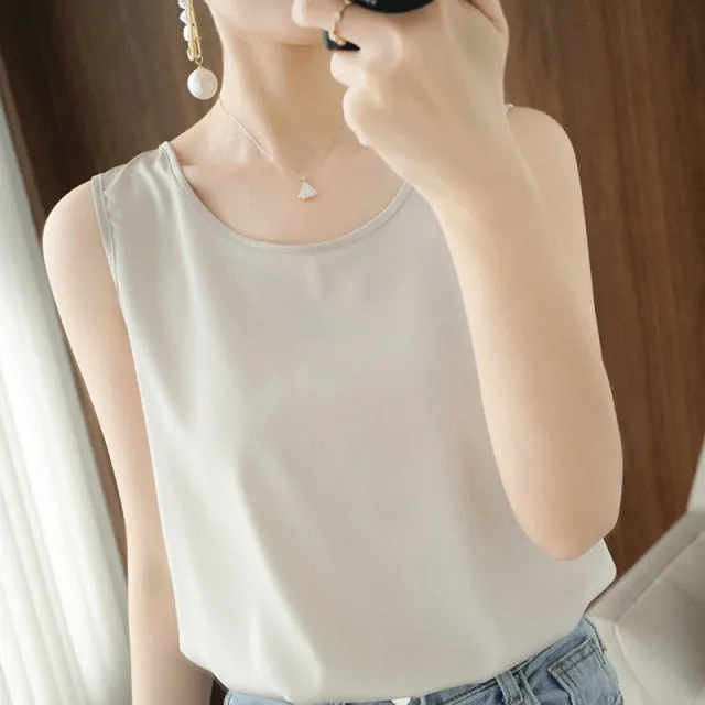 Summer Shiny O Neck Women Satin Silk Harajuku T Shirt Sleeveless Fashion Real Silk Woman Tops Casual Female Luxury Sexy