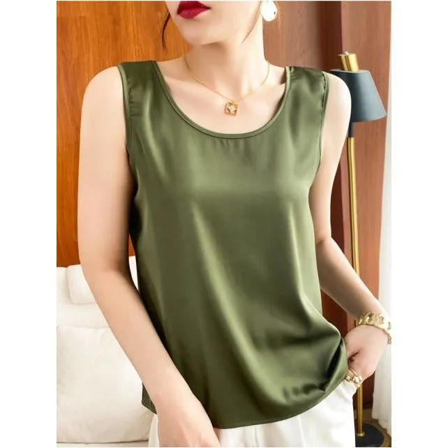 Summer Shiny O Neck Women Satin Silk Harajuku T Shirt Sleeveless Fashion Real Silk Woman Tops Casual Female Luxury Sexy