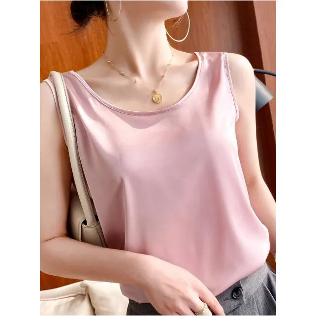 Summer Shiny O Neck Women Satin Silk Harajuku T Shirt Sleeveless Fashion Real Silk Woman Tops Casual Female Luxury Sexy