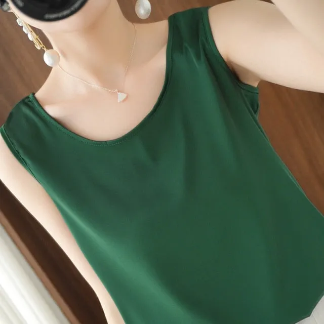 Summer Shiny O Neck Women Satin Silk Harajuku T Shirt Sleeveless Fashion Real Silk Woman Tops Casual Female Luxury Sexy