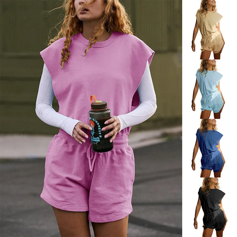 Summer Sleeveless Backless Jumpsuit Drawstring Shorts Overall For Womens