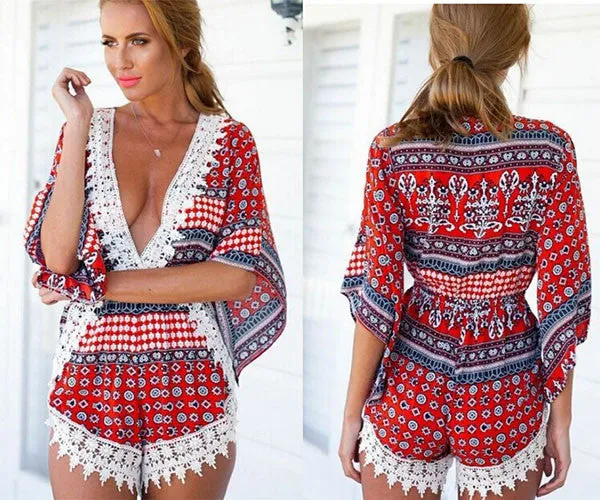 Summer Women Casual Loose Lace Floral V-neck Jumpsuits Rompers Short Pants Elegant Jumpsuit