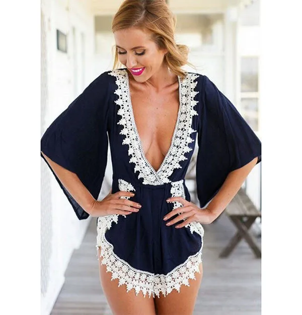 Summer Women Casual Loose Lace Floral V-neck Jumpsuits Rompers Short Pants Elegant Jumpsuit