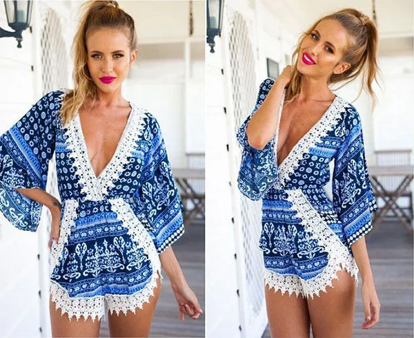 Summer Women Casual Loose Lace Floral V-neck Jumpsuits Rompers Short Pants Elegant Jumpsuit
