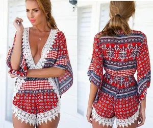 Summer Women Casual Loose Lace Floral V-neck Jumpsuits Rompers Short Pants Elegant Jumpsuit