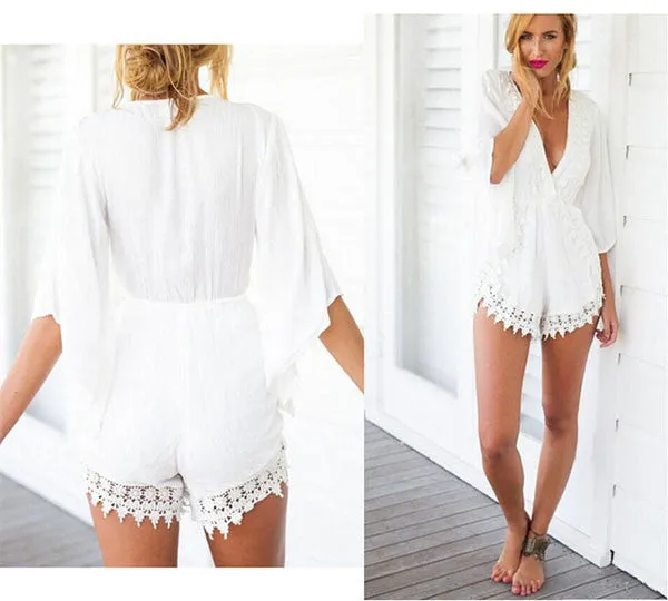 Summer Women Casual Loose Lace Floral V-neck Jumpsuits Rompers Short Pants Elegant Jumpsuit