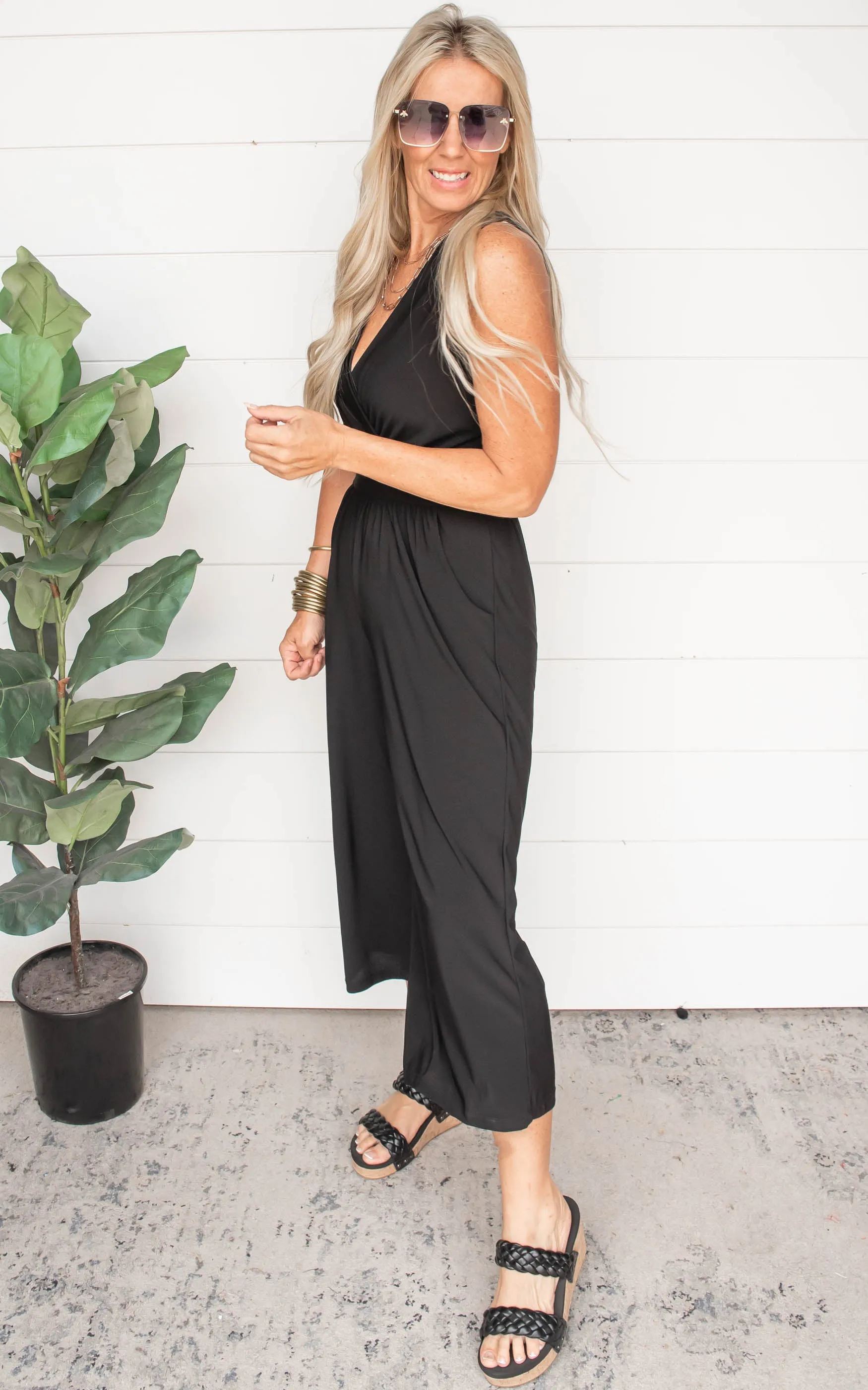 Surplice Sleeveless Black Crop Jumpsuit - Final Sale