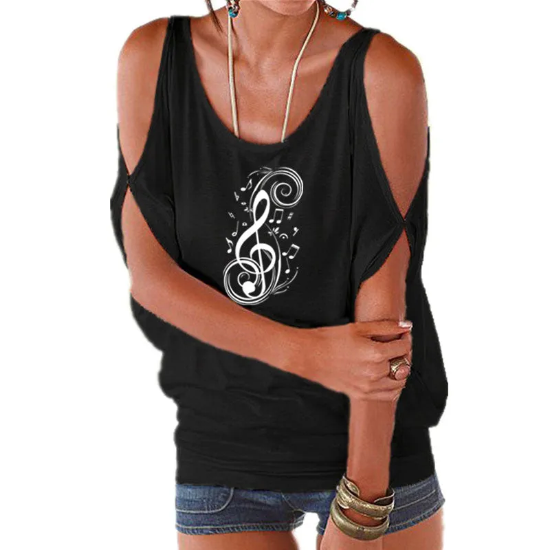 T-Shirt Treble Clef Music Notes T-Shirt Women Batwing Tops SJA