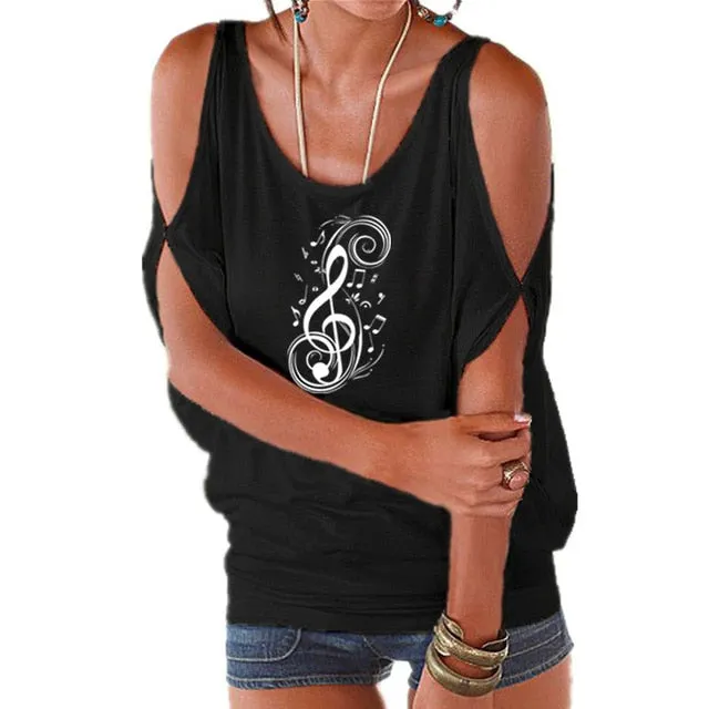 T-Shirt Treble Clef Music Notes T-Shirt Women Batwing Tops SJA