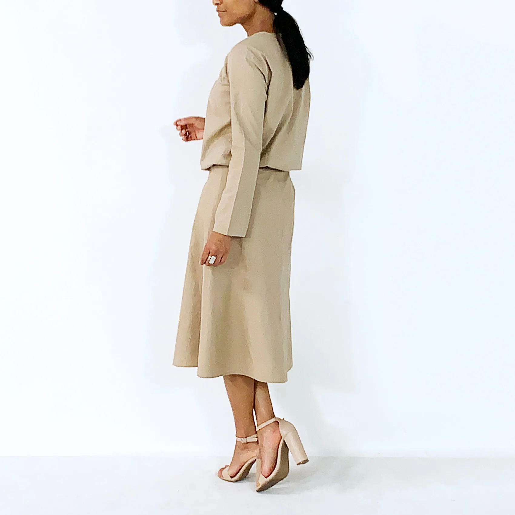 Tan Long Sleeves With Elastic Waist Top | ALPHONSINA