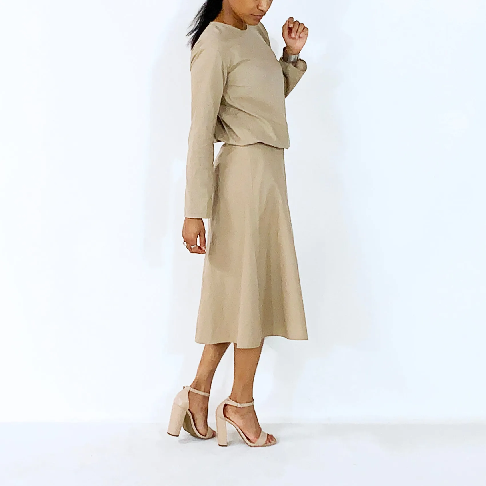 Tan Long Sleeves With Elastic Waist Top | ALPHONSINA