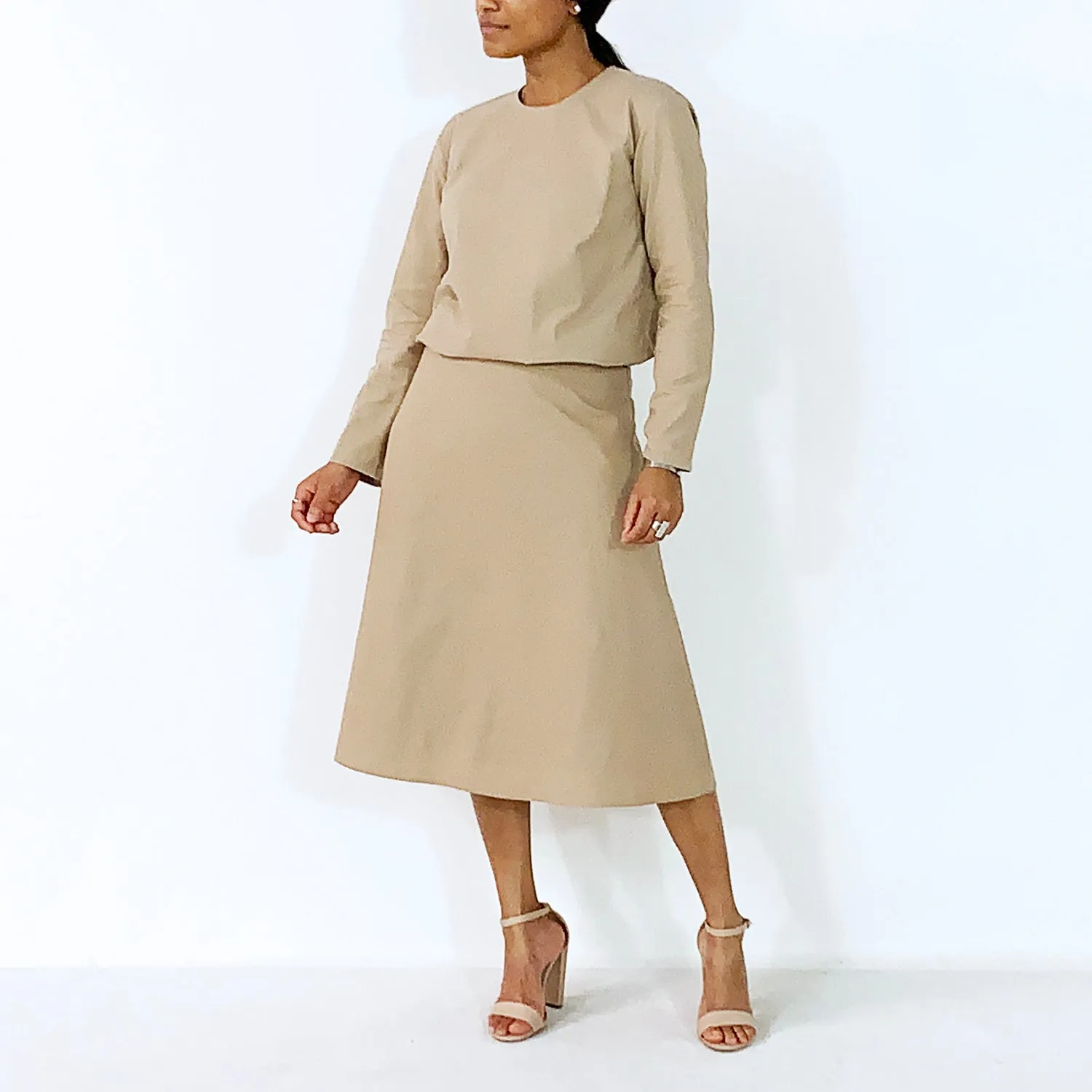 Tan Long Sleeves With Elastic Waist Top | ALPHONSINA