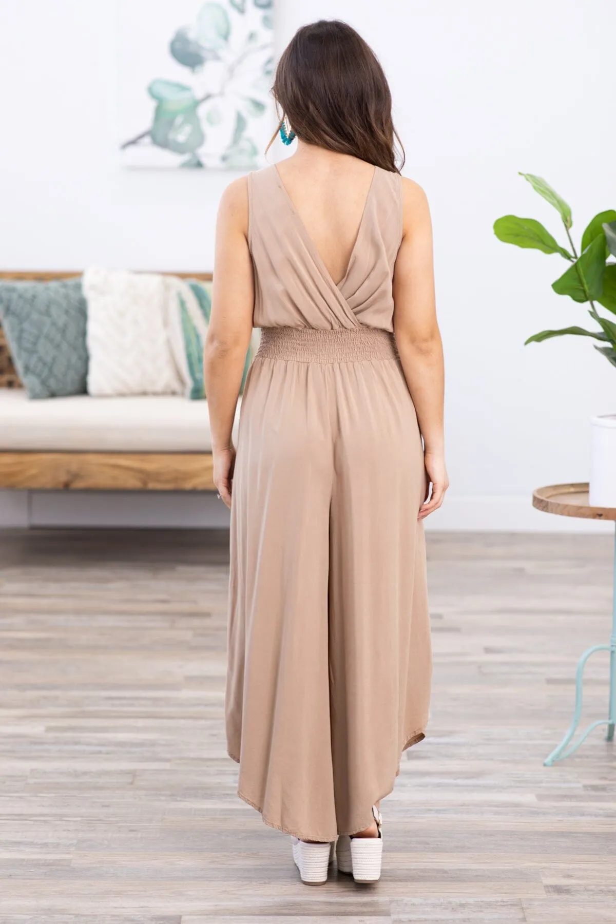 Tan Surplice Front Smocked Waist Jumpsuit