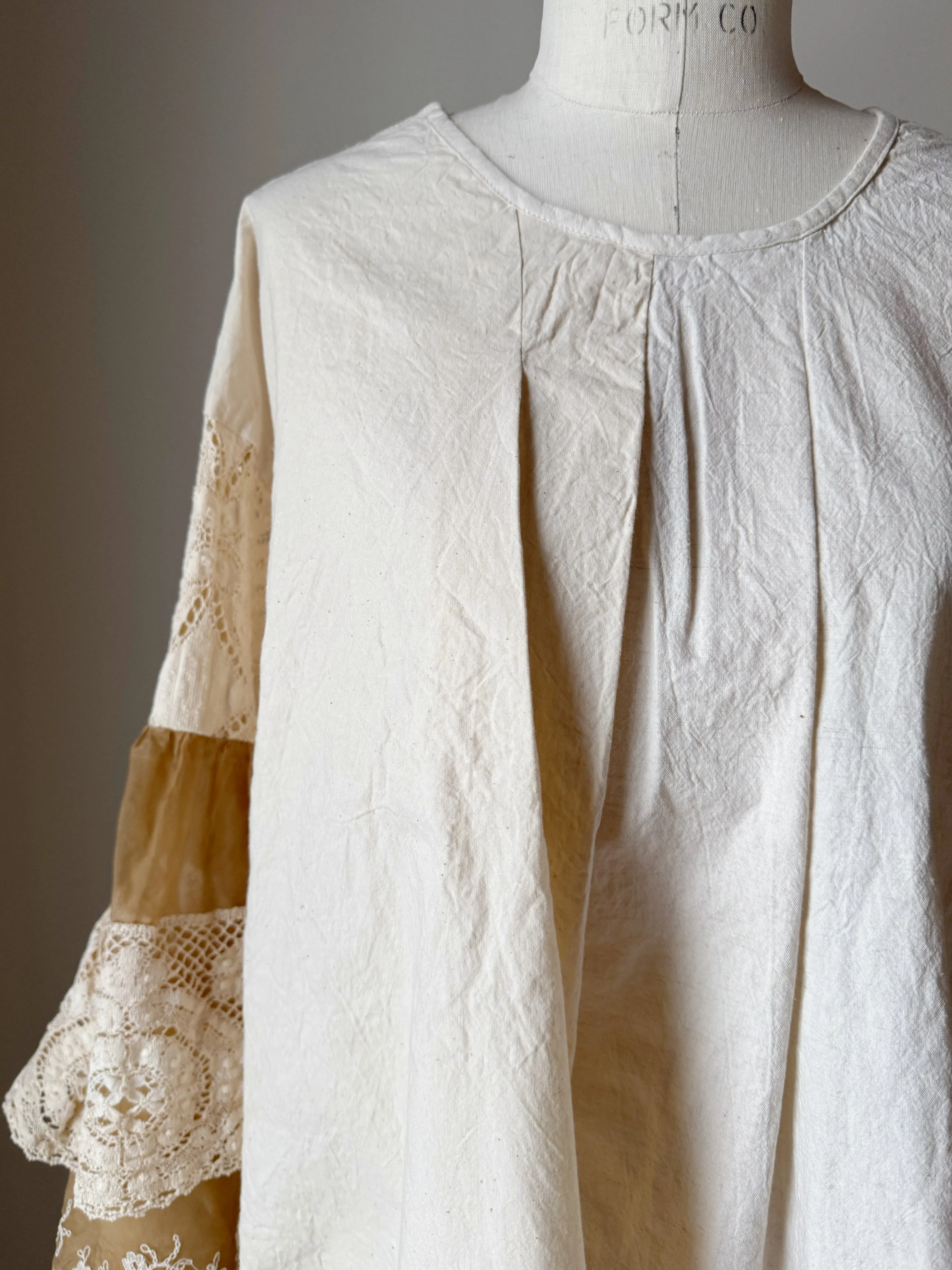 tea stained patched muslin and lace sleeve top