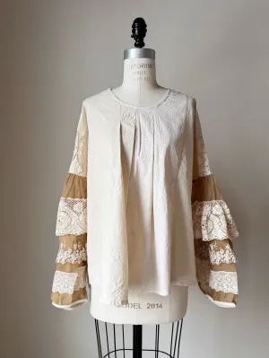 tea stained patched muslin and lace sleeve top