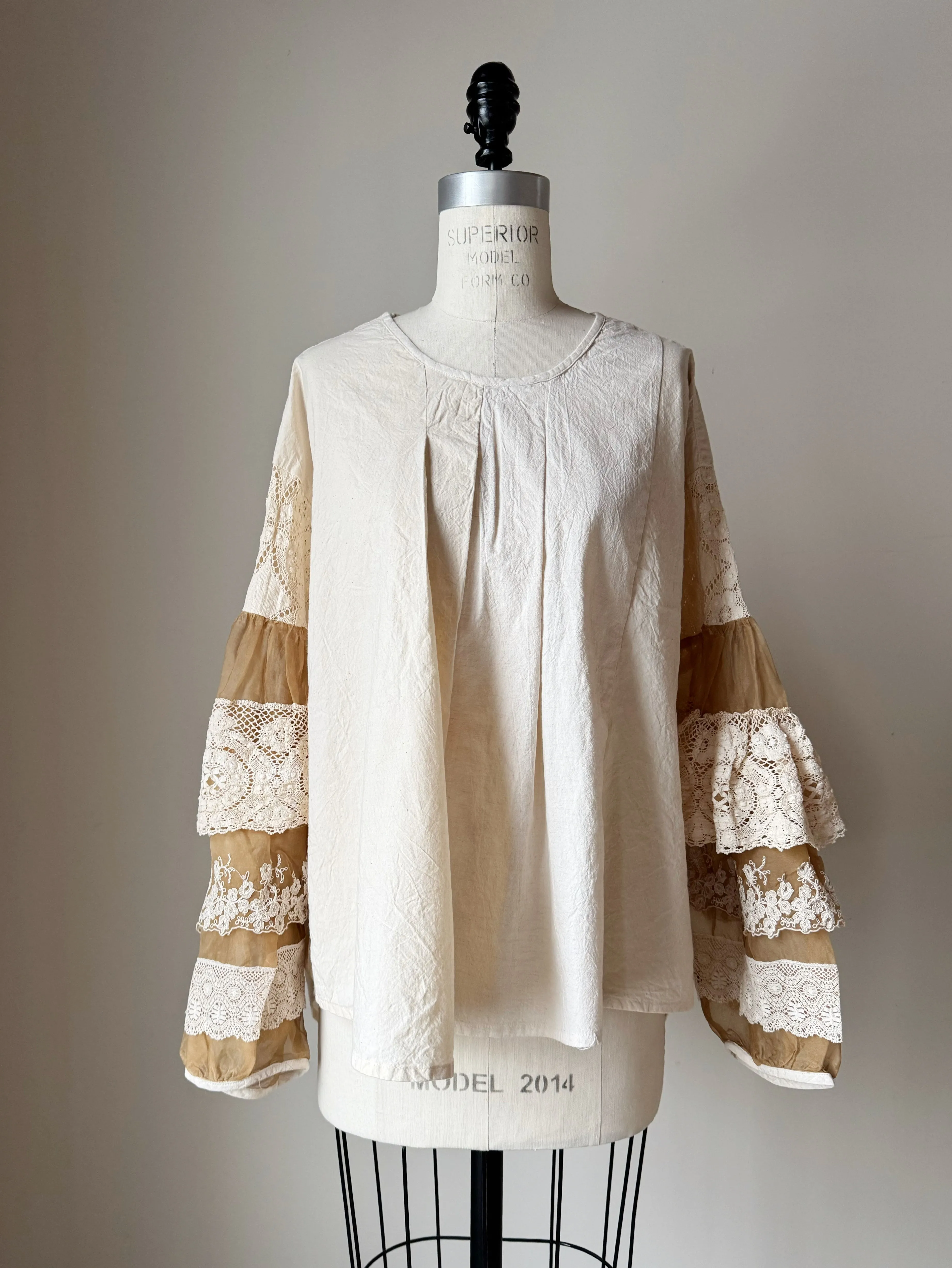 tea stained patched muslin and lace sleeve top