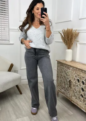 Tessa Medium Grey High Rise Wide Leg Jeans