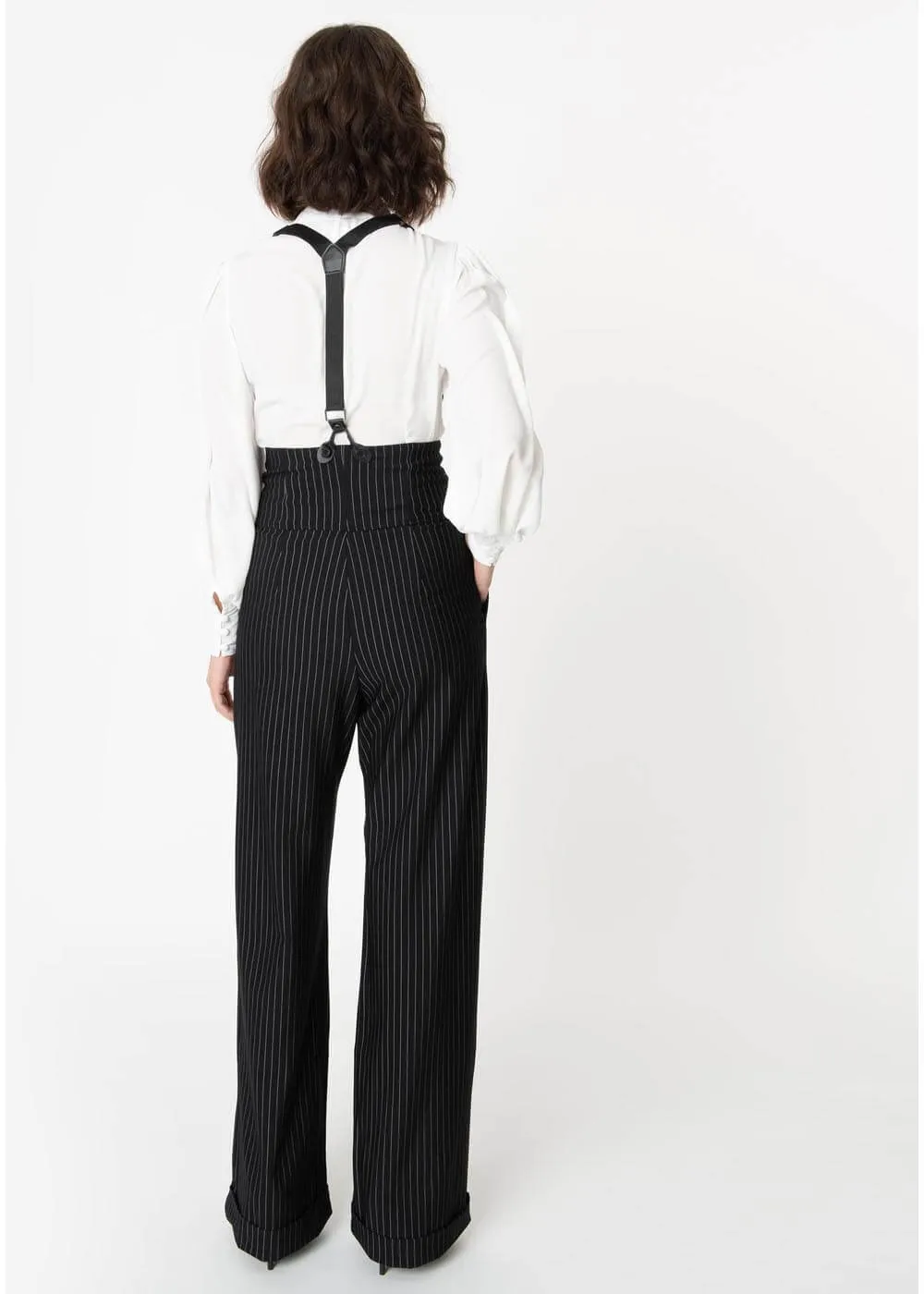 Unique Vintage Thelma Pinstripe 40's Trousers With Suspenders Black White