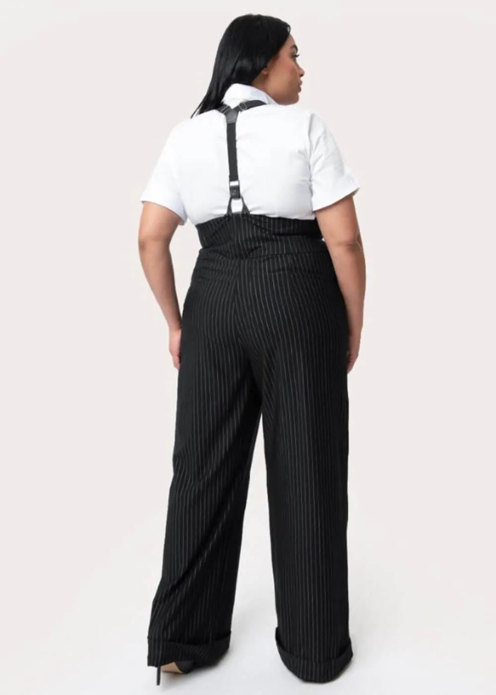 Unique Vintage Thelma Pinstripe 40's Trousers With Suspenders Black White
