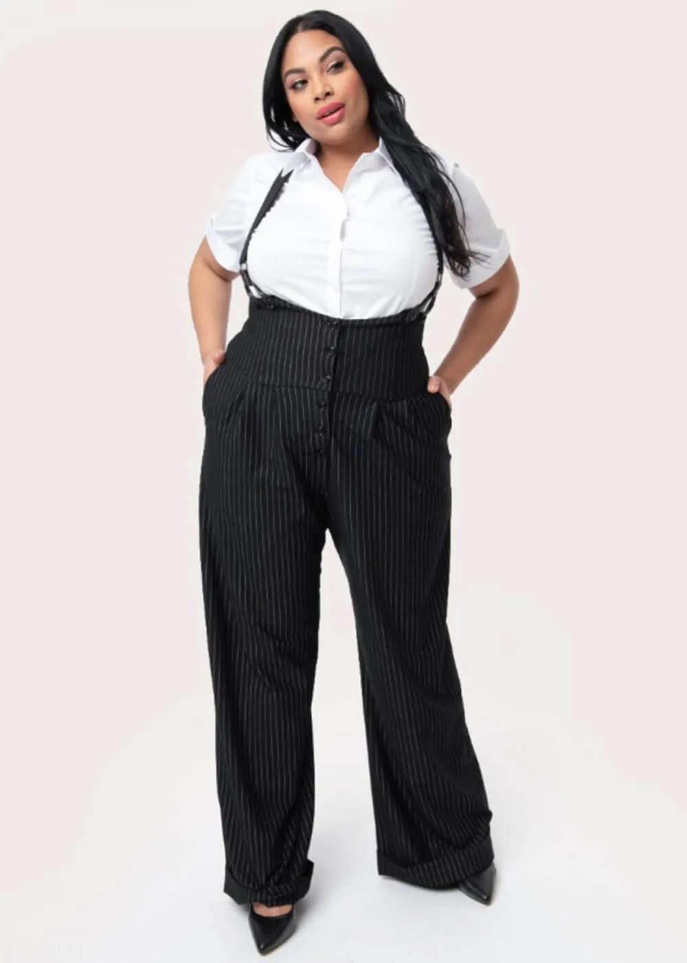 Unique Vintage Thelma Pinstripe 40's Trousers With Suspenders Black White