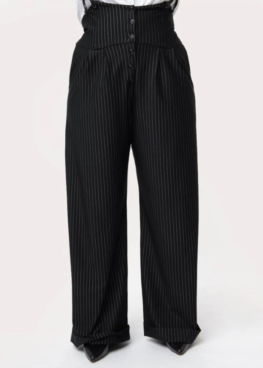 Unique Vintage Thelma Pinstripe 40's Trousers With Suspenders Black White