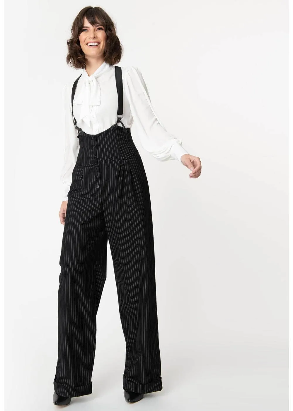 Unique Vintage Thelma Pinstripe 40's Trousers With Suspenders Black White