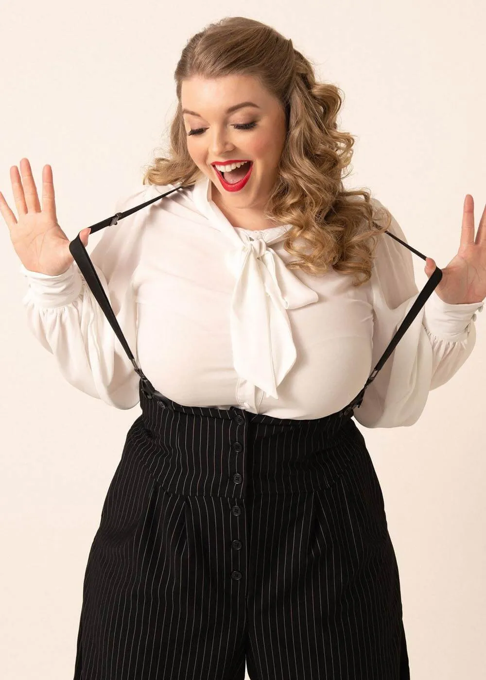 Unique Vintage Thelma Pinstripe 40's Trousers With Suspenders Black White