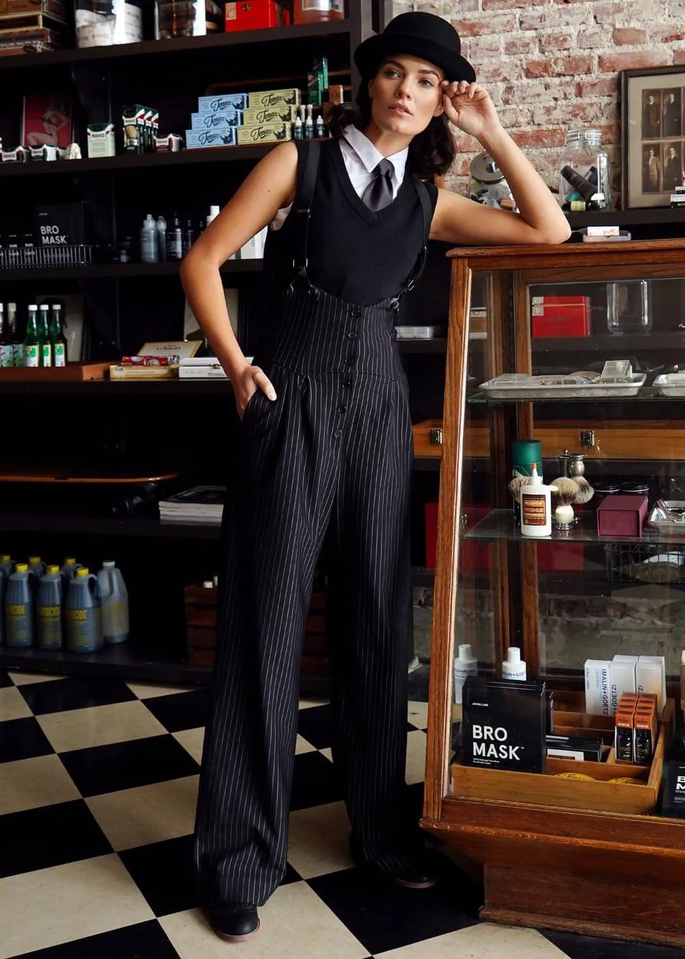 Unique Vintage Thelma Pinstripe 40's Trousers With Suspenders Black White