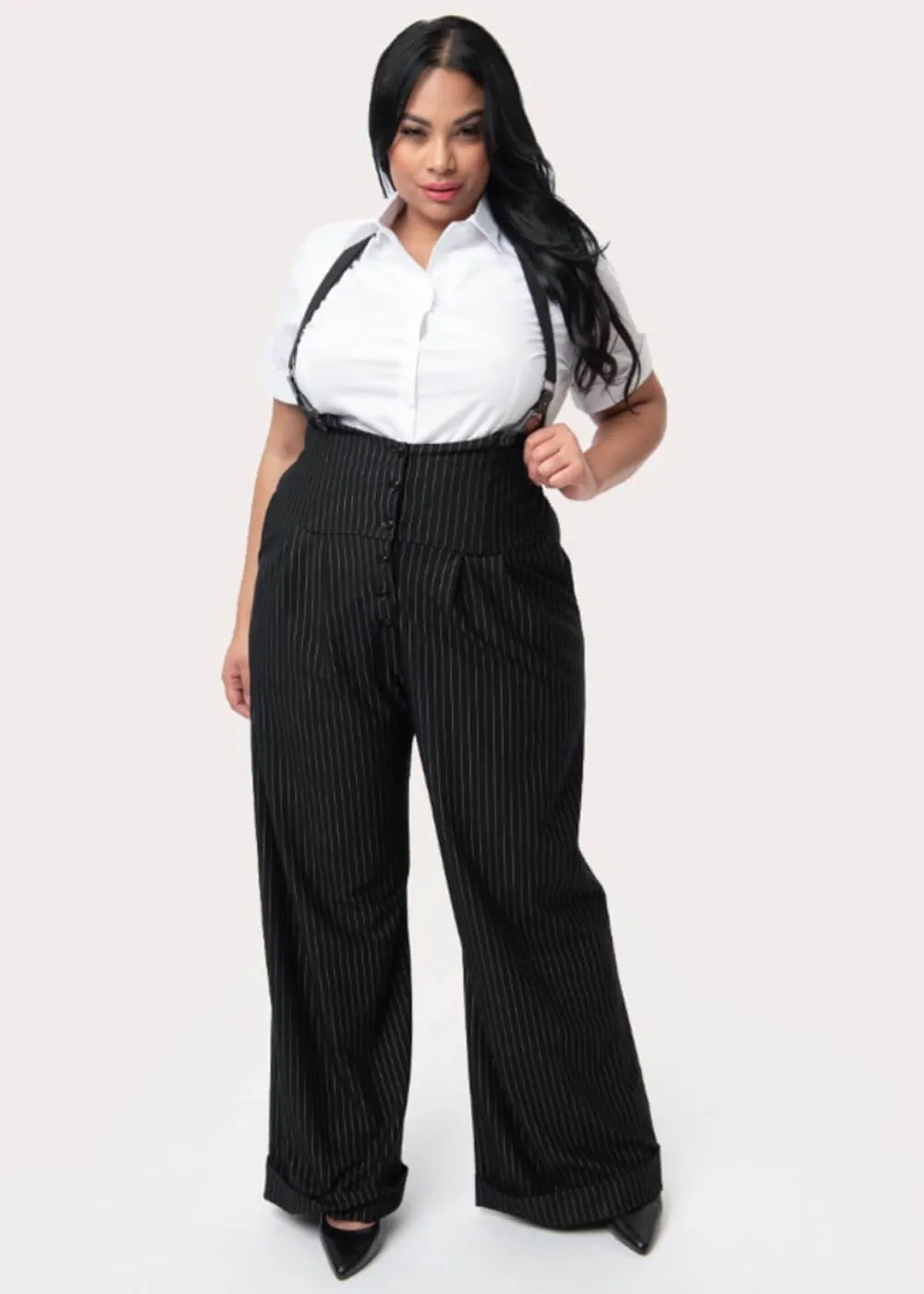 Unique Vintage Thelma Pinstripe 40's Trousers With Suspenders Black White