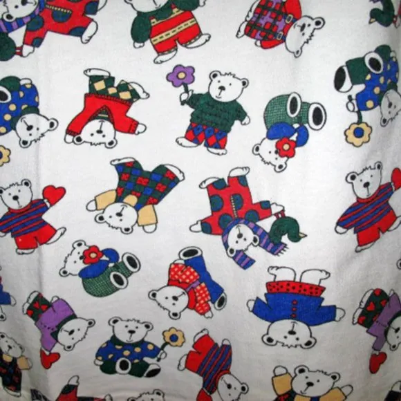Vintage 80s 90s Womens Teddy Bear Long Shirt Dress Large Nighty Sleepwear White